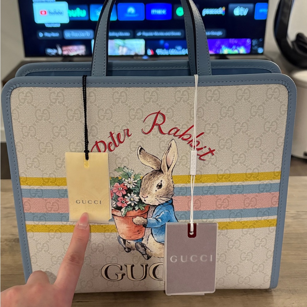 Gucci Blue and Cream Tote with Playful Rabbit Design